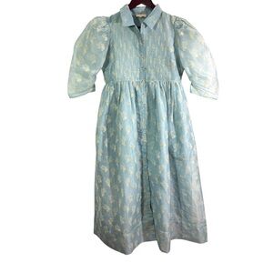 by Timo Light Blue Floral Organza Puff Sleeve Midi Dress in Dots